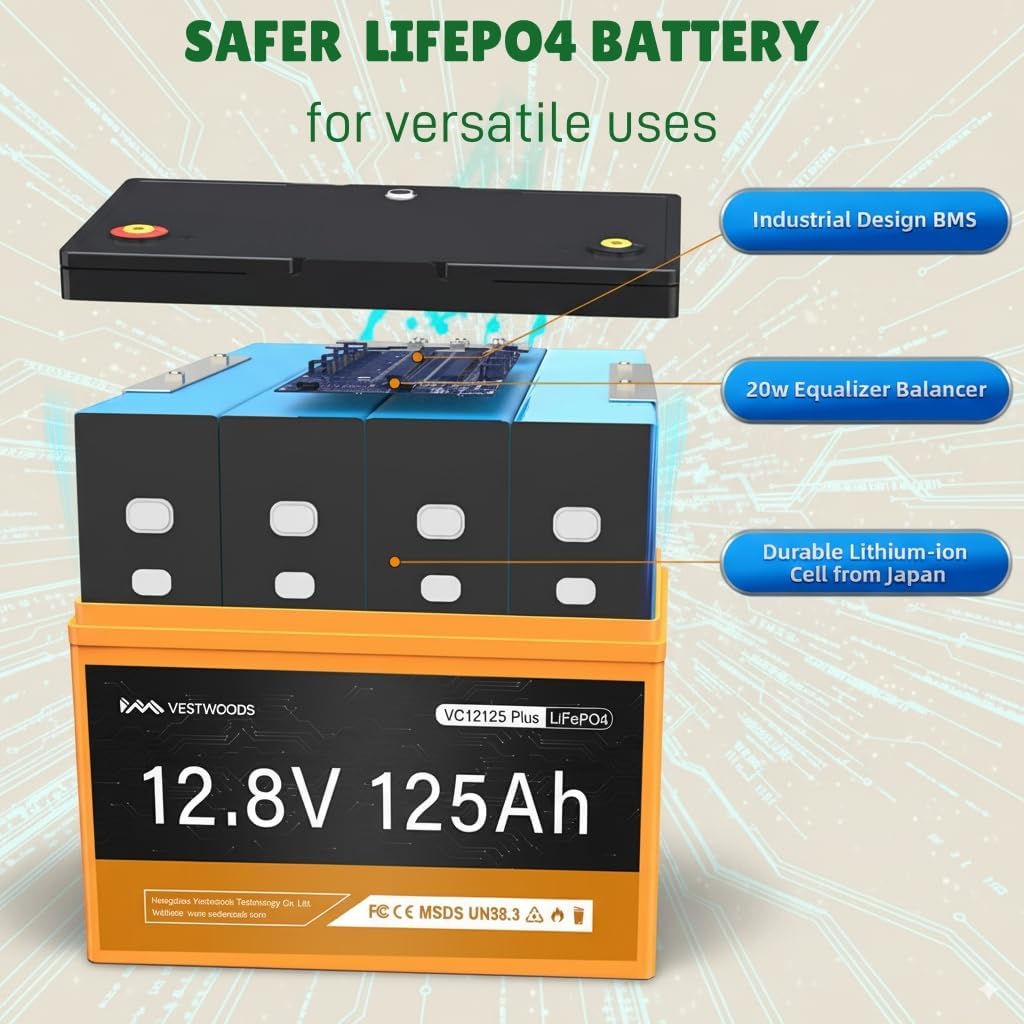 Vestwoods 125Ah 12V LiFePO4 Trolling Motor Battery, Bluetooth Group 27 Deep Cycle Lithium TM Battery with 100A BMS 1280W Low Temp Protection for Camper, Marine, Yacht, Solar System, RVs