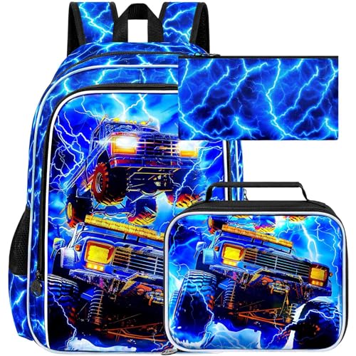 Image of 17 inch Truck Backpack for Boy, 3Pcs Lightning Bookbag for Elementary Preschool Kindergarten, Kids School Thunder Backpacks with Lunch Box (Blue)