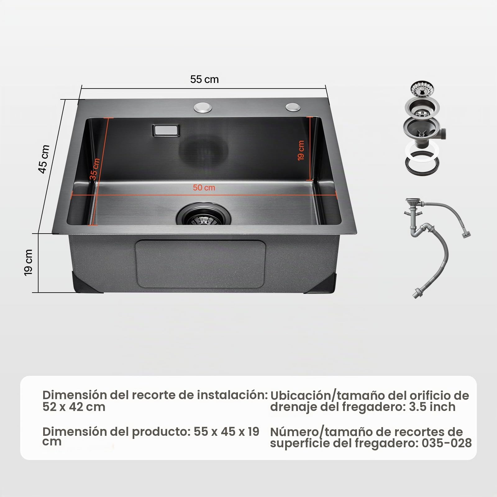 VEVOR Fregadero de Cocina con Montaje Superior de Acero Inoxidable 304, con Accesorios, Fregaderos de Lavavajillas Domésticos para RV, Cocina de Preparación y Barra, Negro, 550 x 450 x 190 mm