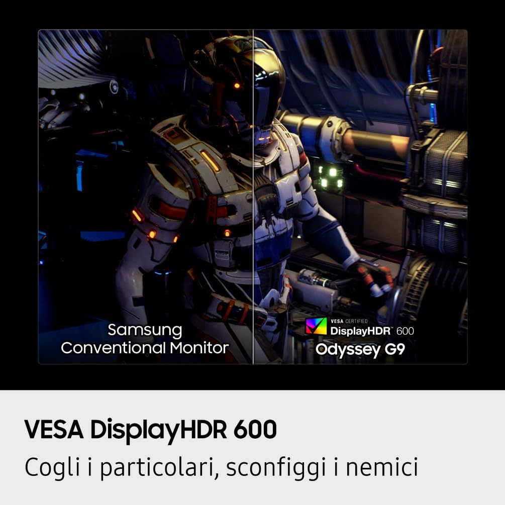 Samsung Monitor Gaming Odyssey G9 (S49FG912EU), Curvo (1000R), 49'', 5120x1440 (Dual QHD), 32:9, HDR 600, VA, 144Hz, 1ms (GtG), FreeSync Premium Pro, HDMI, DP, Ingresso Audio, HAS