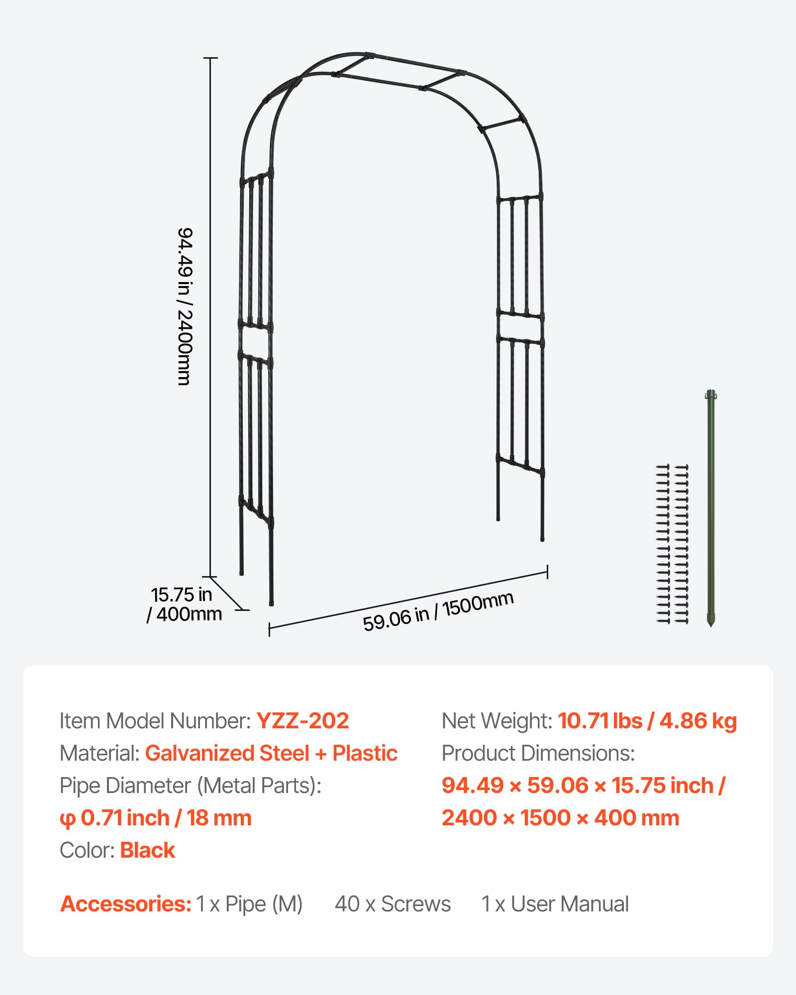 VEVOR Arche de Jardin, 240x150x40 cm, Arche de Mariage en Métal, avec Tubes en Acier Galvanisé, Support Robuste pour Plantes Grimpantes et Roses, Jardins, Pelouses, Décorations de Fêtes, d'Événements