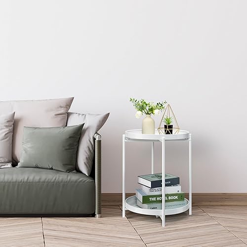 Miniatura 9 de Danpinera Mesa auxiliar de metal de 2 niveles con bandeja extraíble, mesa redonda decorativa, mesita de noche blanca antioxidante para dormitorio,