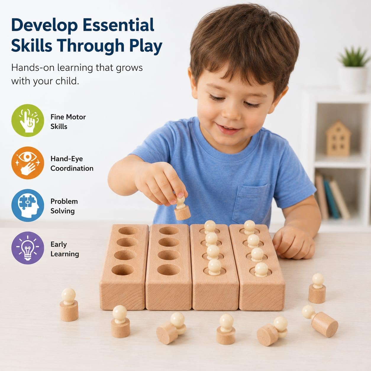Happy Hues Wooden Socket Blocks - Montessori Toy -6