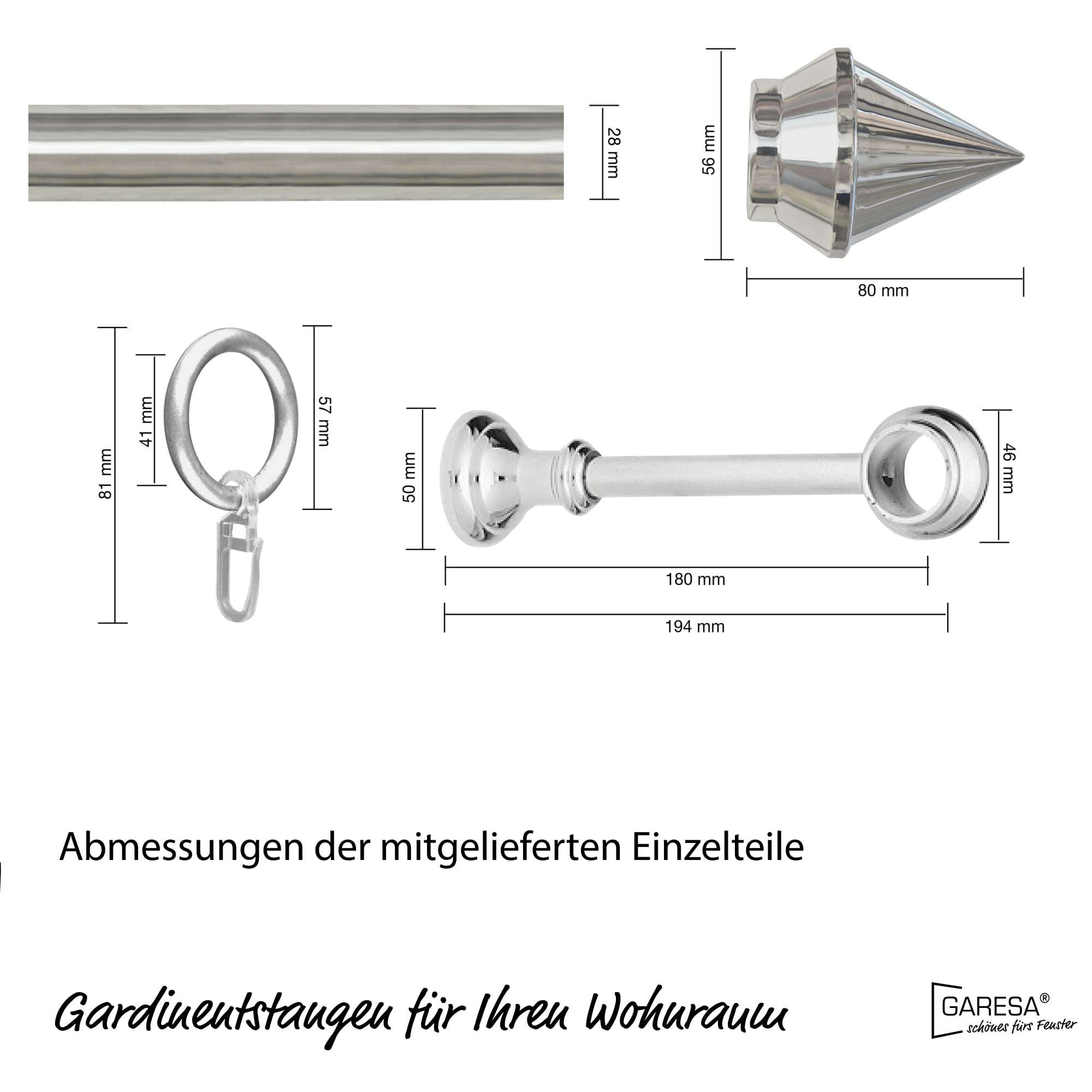 Garesa Gardinenstange Semara Ø 28mm, 1-läufig, Verchromt I Stabile Vorhangstange inkl. Ringe + Faltenlegehaken I Mit Endknopf Spitze I Wandmontage I 120cm