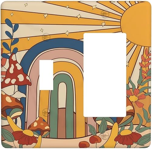 Miniatura 111 de Cubiertas de interruptor de luz de palanca simple de los años 70, estilo bohemio vintage con sol, arcoíris, retro, hongo, floral, de 1 gang, placas