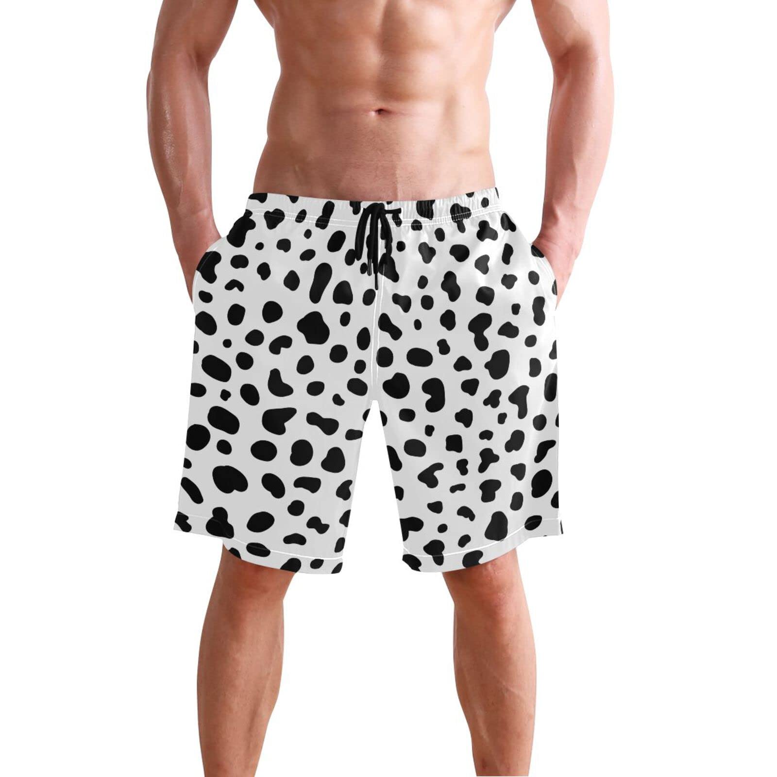 Black White Dalmatian Dog Print Men's Swim Trunks Beach Shorts Quick Dry Swim Board shorts With Pockets L