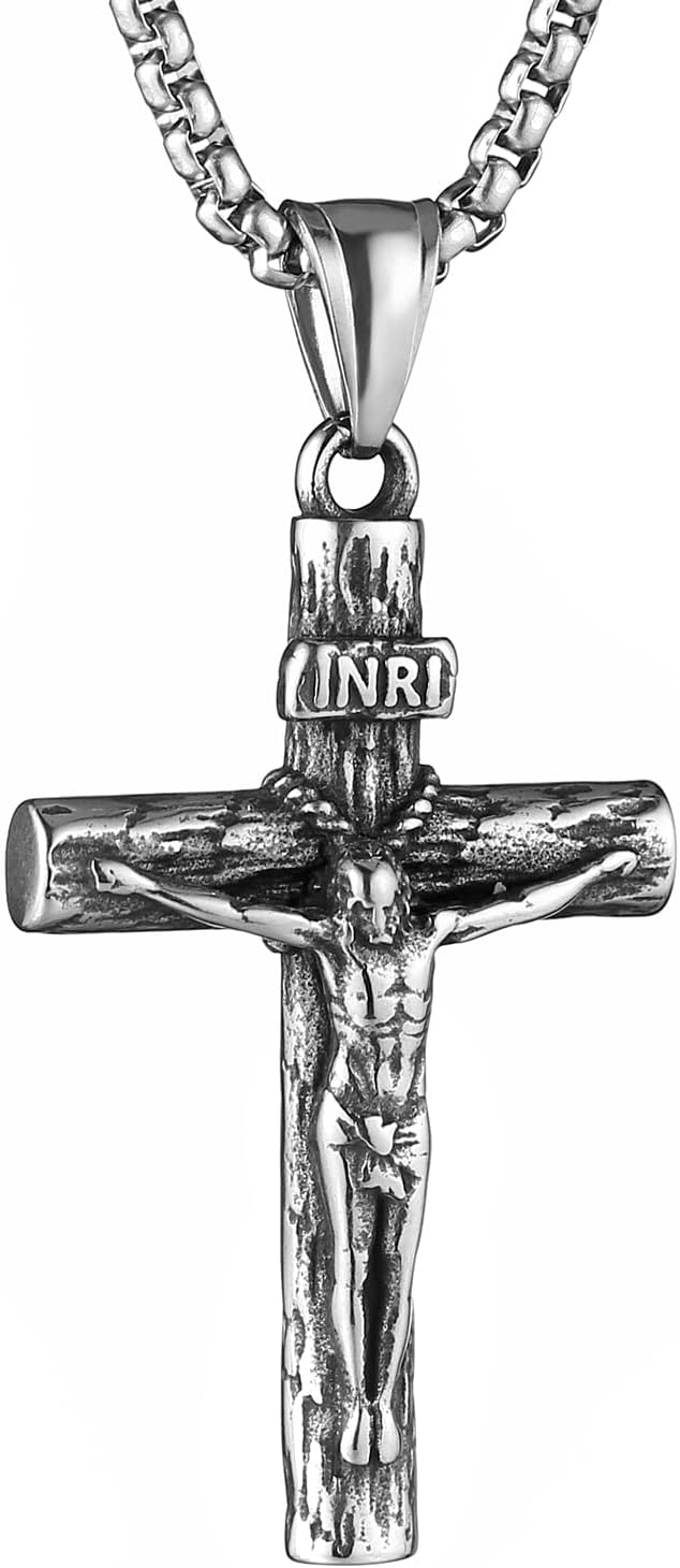 Stainless Steel Jesus Crucifix Cross Necklace Religious INRI Cross Pendant for Men Women with 24" Chain Jewelry Gift