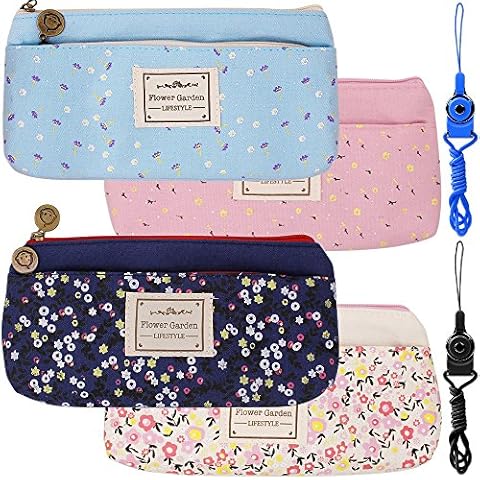 FineGood 4 Pack Flower Floral Canvas Pen Pencil Cases Makeup Bags, Stationery Pouch Holders with Double Zippers for School Students Kids, with 2 Hang Ropes - Dark Blue, Light Blue, Pink, Cream … Cover
