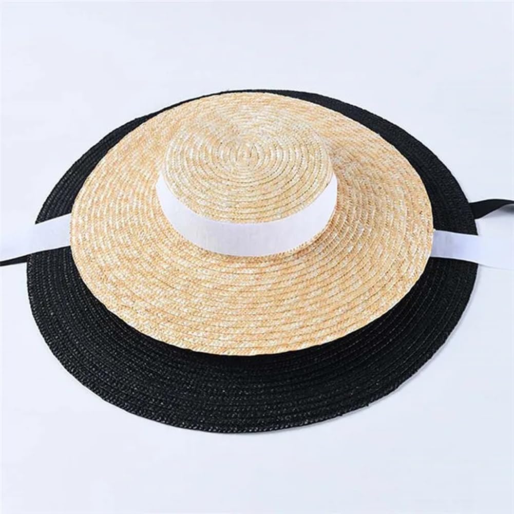Gorra plana de ala ancha, sombrero de paja de verano para mujer con lazo para exteriores