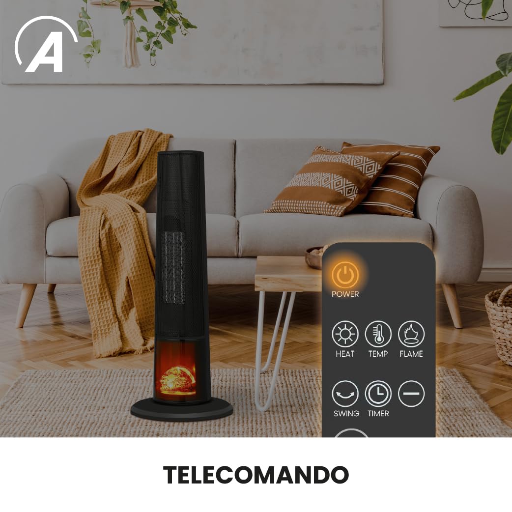 ARDES ATMO AR4P22FP Termoventilatore a torre ceramico 2000 W | pannello touch, telecomando, timer 12 h ed effetto camino per riscaldamento domestico a basso consumo