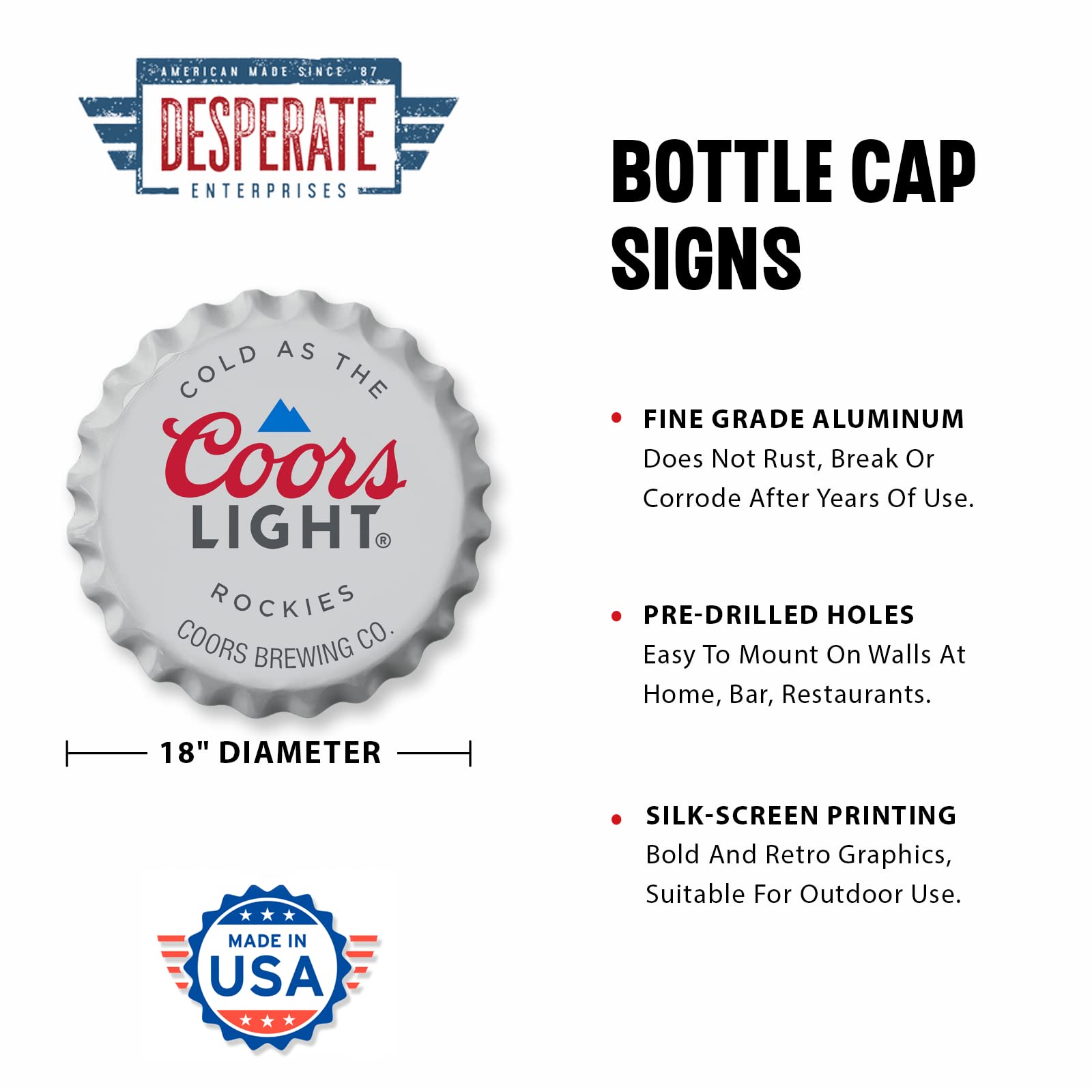 Desperate Enterprises Coors Flaschenverschluss mit leichter Prägung, hochwertiges Aluminiumschild, hergestellt in den USA, 45,7 cm, rund