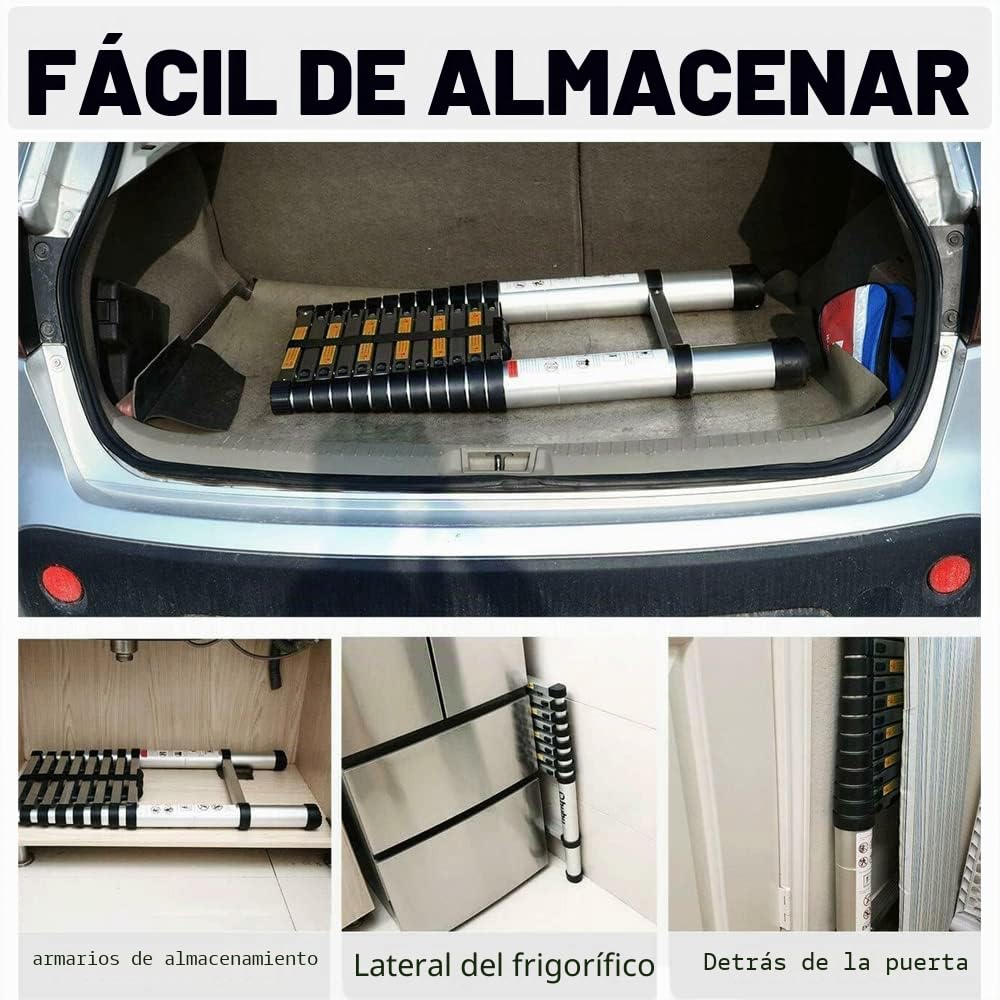 Escalera telescópica extensible de 2,5 + 2,5 m, robusta de acero inoxidable, marco en A, sistema de cierre suave, escalera de pie con estabilizador, 6 + 6 peldaños, 330 LB/150 kg, capacidad de carga