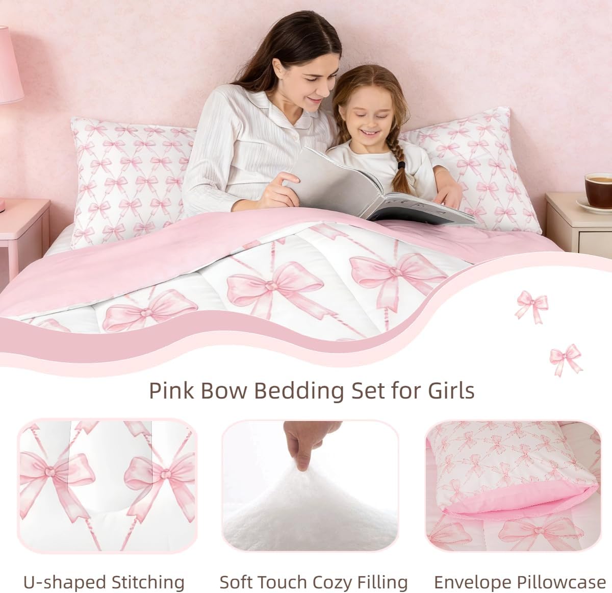 Feelyou Pink Bow Twin Bedding Set for Girls, Pink Bow Comforter Set for Kids, Cute Bowknot Girls Comforter Kawaii Dreamy Princess Style Room Decor, 1 Pillowcase - Image 8