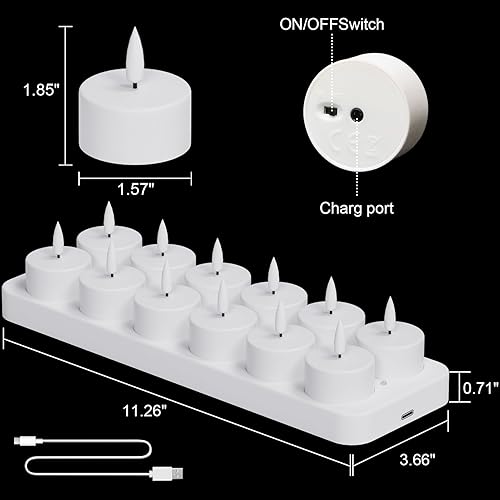 Miniatura 7 de GenSwin 12 velas de té recargables con base de carga y temporizador remoto, velas LED sin llama, funciona con pilas, centros de mesa de boda de
