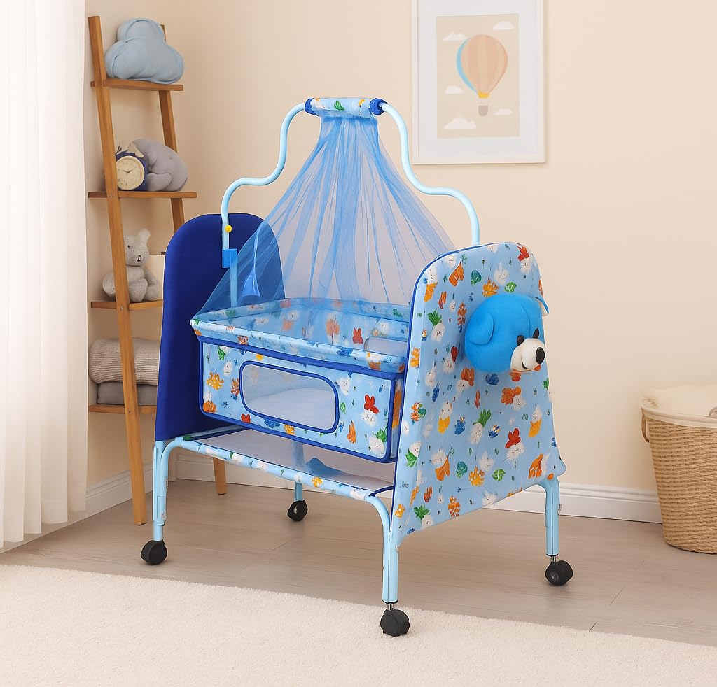 Metal, Fabric Foldable Baby Cradle with Swing | Comfortable Multi-Use Baby Cradle for Baby Comfort Sleep | Four Wheels with Brake | with Storage | Sturdy & Safe | Teddy Style | J7, Blue