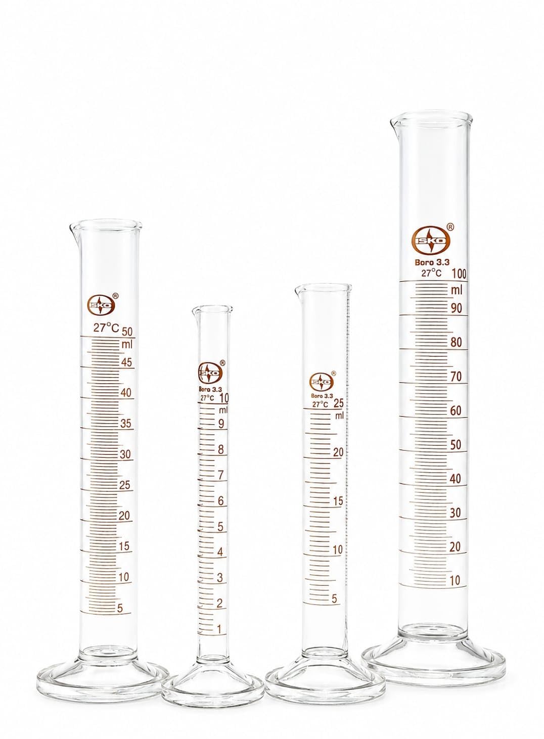 isko® borosilicate glass graduated measuring cylinder with round base set of 5ml, 10ml,25ml, 50ml, 100ml, 250ml (1 pc. each) total 6 pcs