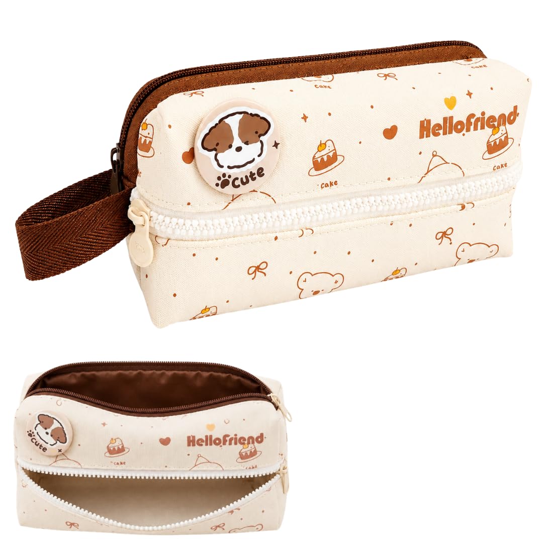 Large Capacity Pencil Pouch Aesthetic Pencil Bag Multiple Compartments Girl Cute Stationery School College Pouch Travel Pouch for Girls Kids School Accessories (Beige Hello Friend)-image-45