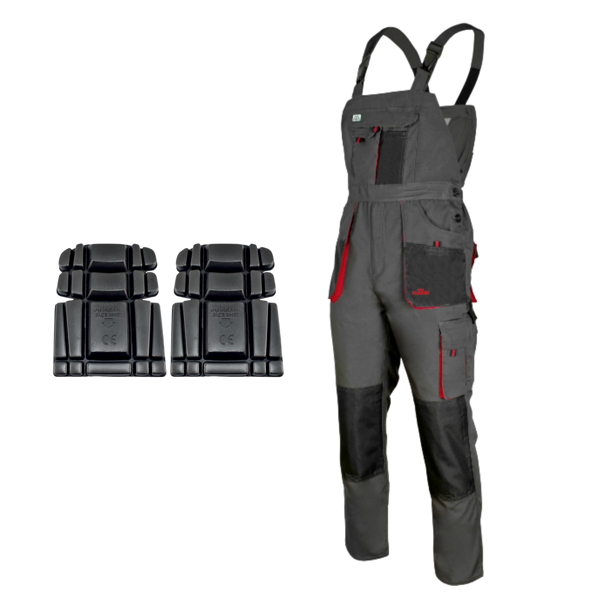 Art.mas Men's Grey-Red Classic Bib And Brace Dungaree Overalls, Pro Wear Workwear, S-3Xl Size - Multipockets, Pocket For Knee Pads, Durable Triple Stitched Seams, 2Xknee Pads Included (44/46 Inch - 62 Eu)
