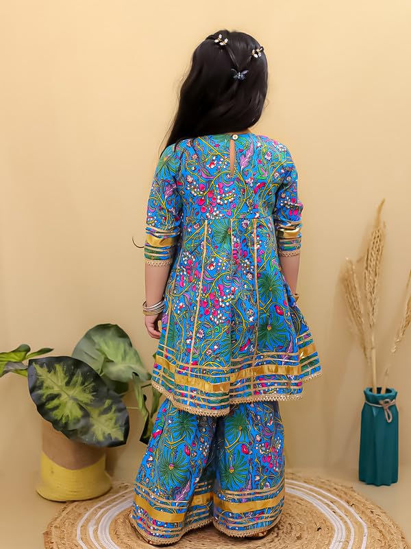 Image of superminis Girls Cotton Floral Printed Gotta Work 3 /4 Sleeves Sharara Suit Ethnic Wear Set