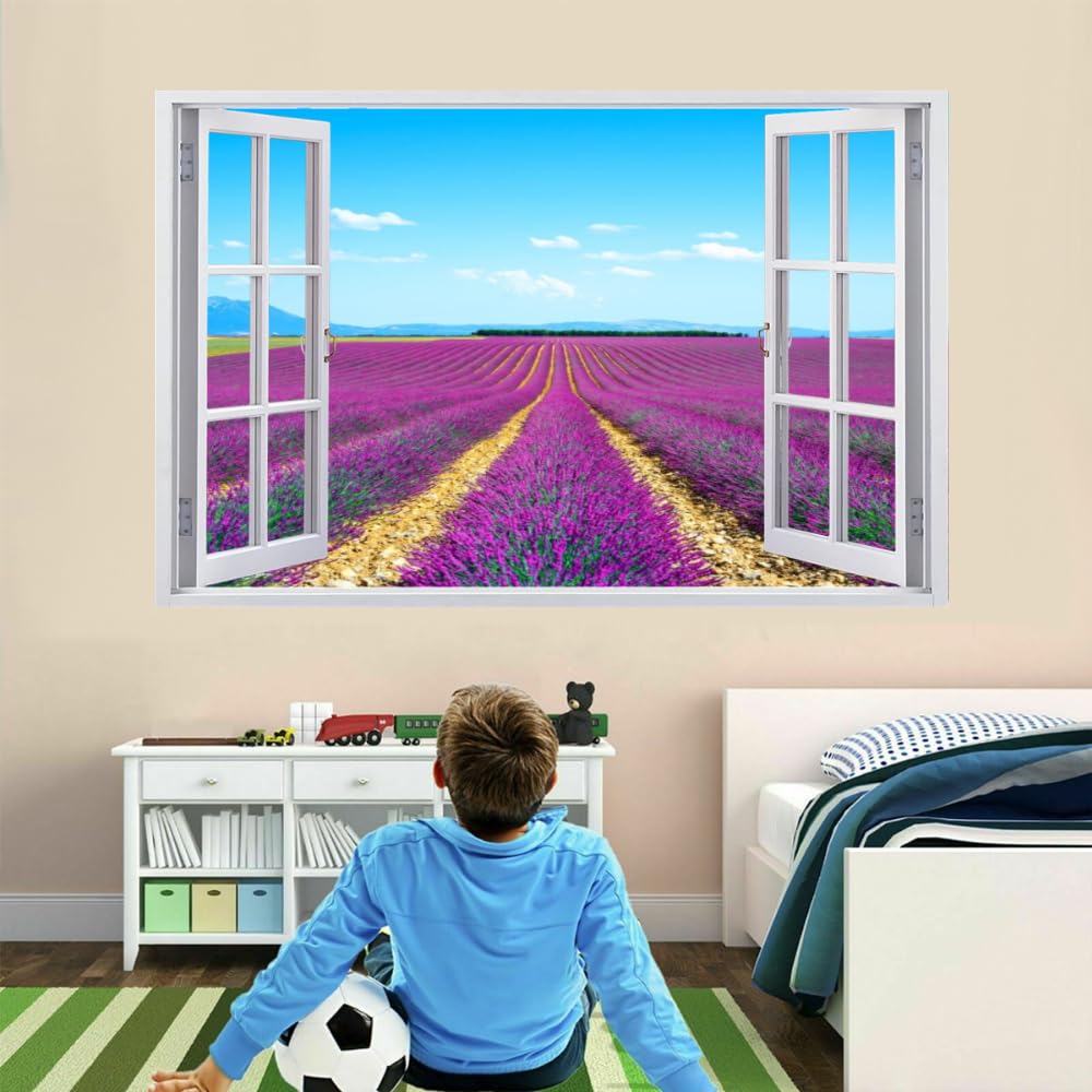 Pegatinas De Decoración De Pared 3D, Lavanda Calcomanías De Suelo De Vinilo Impermeables Extraíbles Arte, Paisaje Natural Calcomanías De Mural De Pared Rotas Para Niños Dormitorio 120x80cm