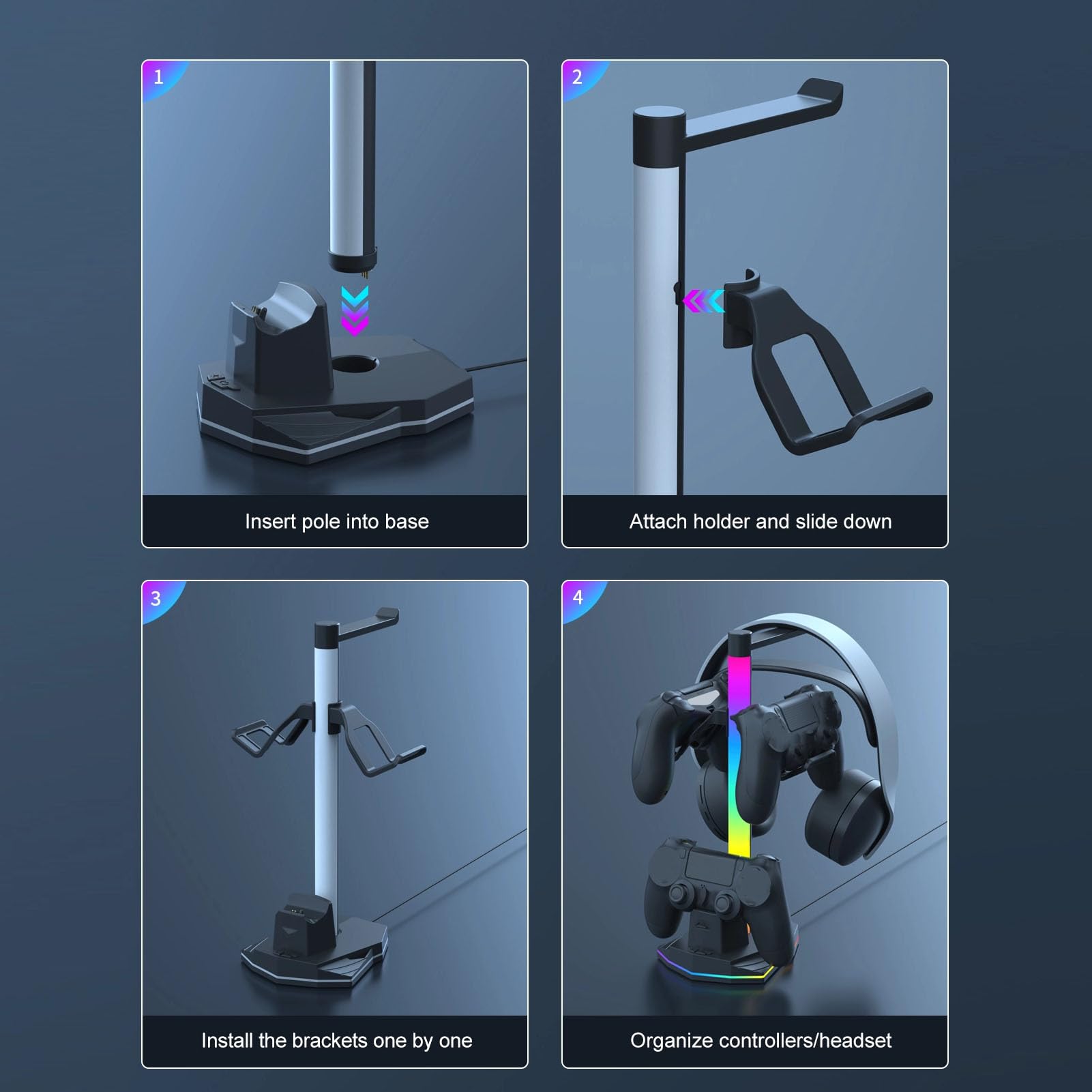 Supporto di Ricarica per Controller di Gioco 3 in 1, Supporto per Cuffie RGB con 2 Porte USB 2.0 e 1 Porta USB C, 4 modalità di Illuminazione, Gancio per Auricolari per Riporre