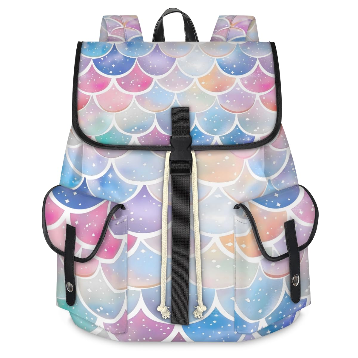 Rainbow Fish Scale Mermaid Travel Laptop Backpack for Women Men Large Capacity Waterproof 15 Inch Computer Drawstring Nurse Casual Daypack for Travel Sports