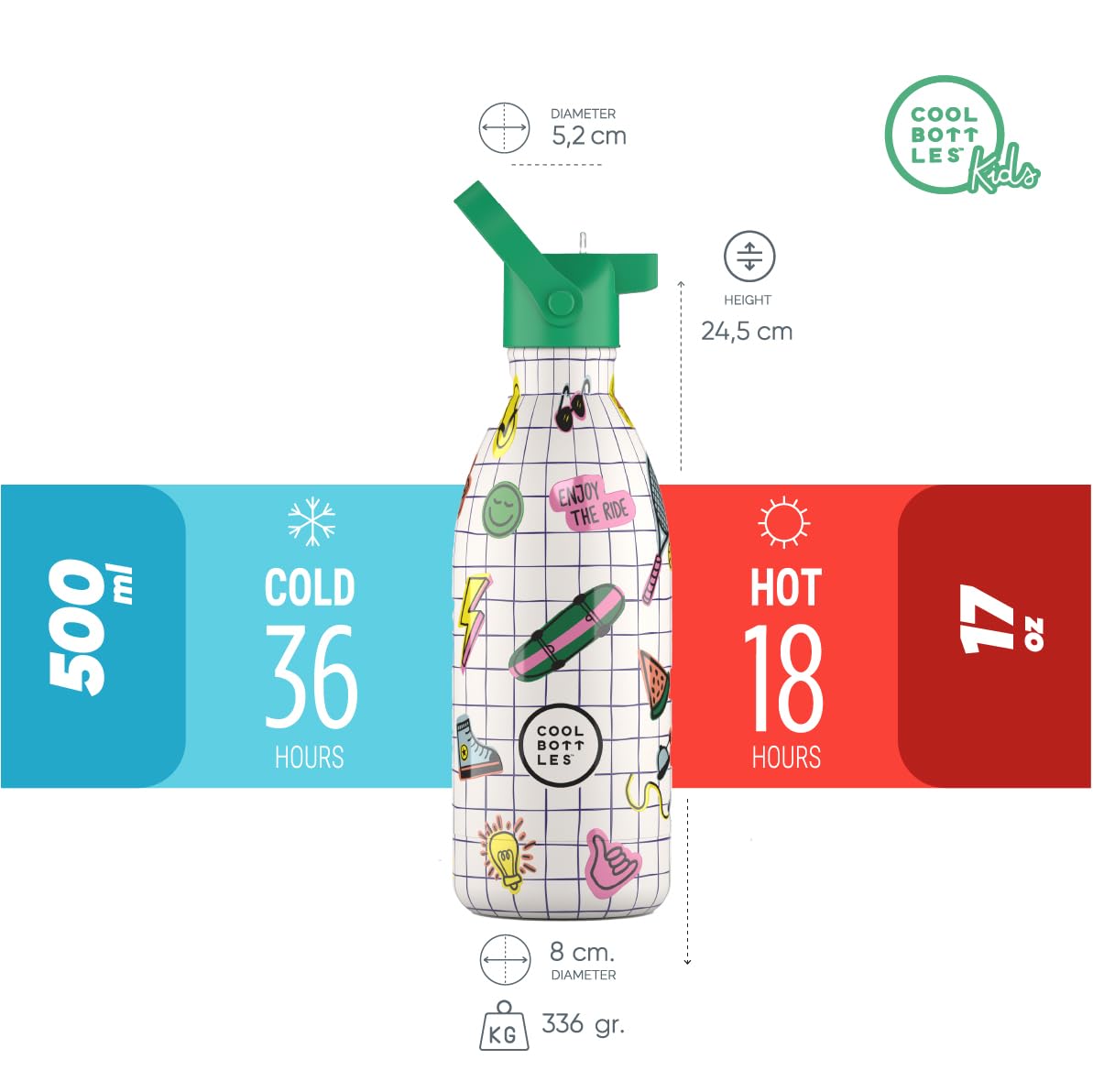 Cool Bottles – Edelstahl-Wasserflasche für Kinder, Thermosflasche für Kinder, Getränke 36 Stunden kalt und 18 Stunden warm – Play Mode 500ml
