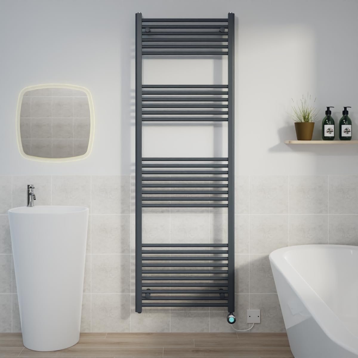 Warmehaus Prefilled 1800x600mm Straight Electric Heated Towel Rail with Timer Thermostatic Bathroom Radiator Anthracite - 800W(Chrome Heating Element)