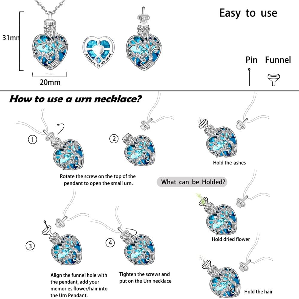 Fenthring Dragonfly Urn Necklace for Ashes for Women Tree of Life Crystal Dragonfly Necklace Pendant Sterling Silver 925 Heart Memorial Keepsake Cremation Jewelry Gifts - Image 3