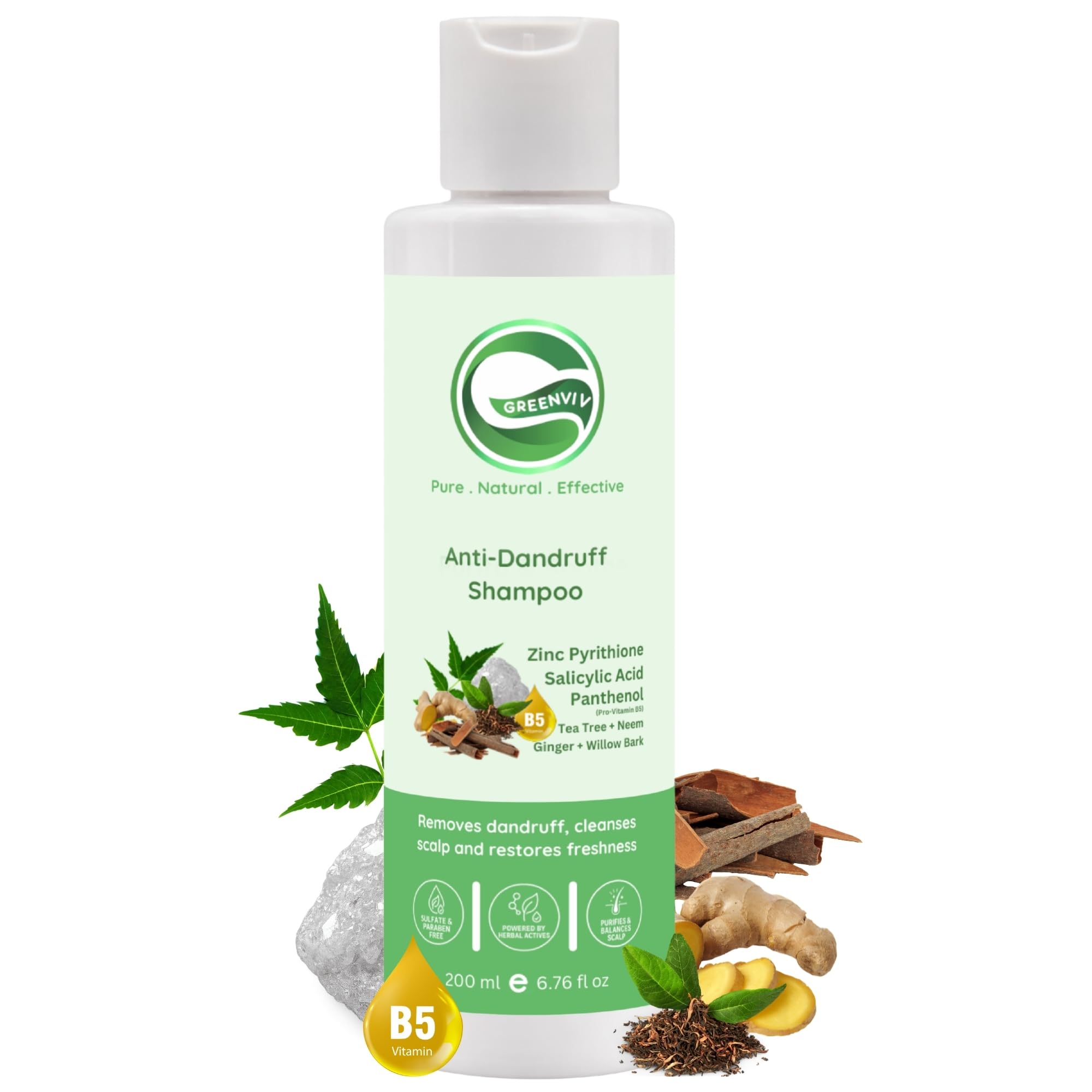 Greenviv Zinc Pyrithione Anti-Dandruff Shampoo for Dandruff & Itchy Scalp, Removes Flakes & Soothes Scalp with Salicylic Acid & Tea Tree | Sulphate & Paraben-Free | 200 ml