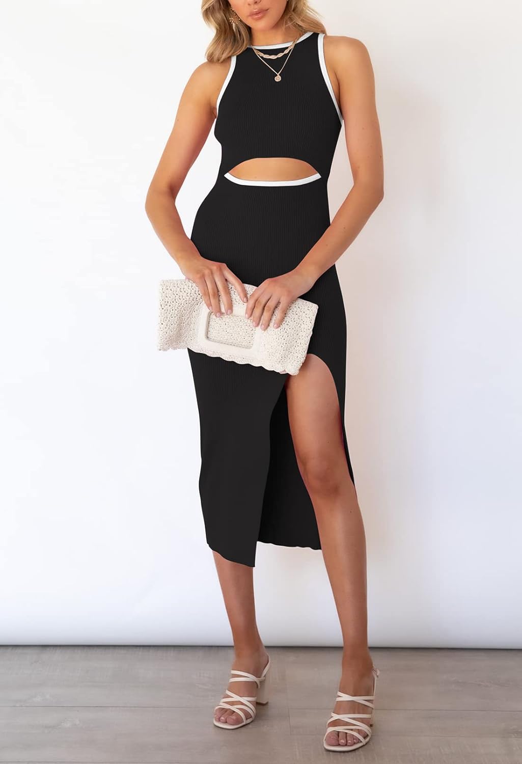 Pink Queen Women's Cutout Crew Neck Sleeveless Tank Slit Ribbed Bodycon Midi Dresses - Image 3