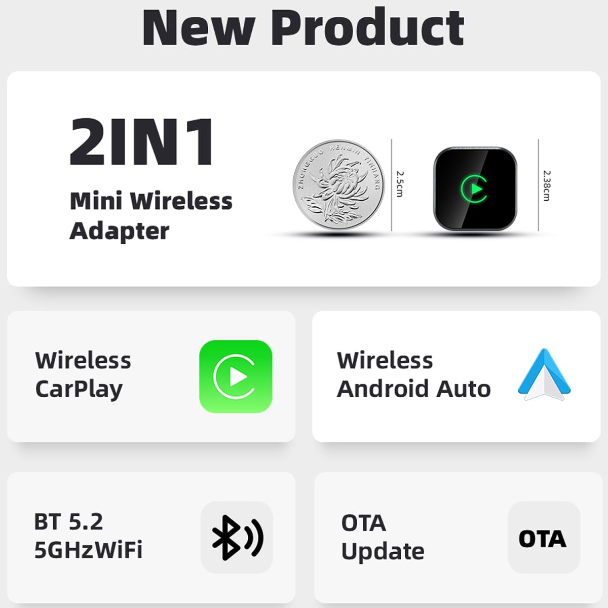 Adaptateur Sans Fil CarPlay pour iPhone et Android Auto - 2 in 1 USB vers Wireless Dongle, Conversion Câblé vers Sans Fil, Connexion Auto 5.8GHz WiFi, Compatible Voitures dès 2016, iOS 10+ Android 11+