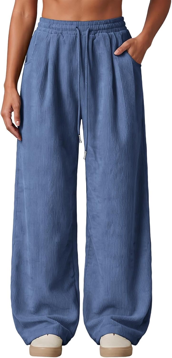 Corduroy Pants Women Wide Leg High Waisted Drawstring Baggy Pants