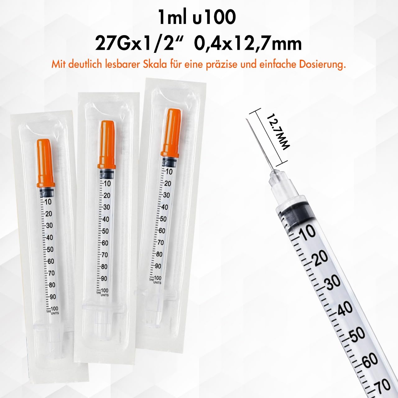 100 Stück 1ml U100 Plastiktube 27Gx1/2 (0,4 x 12,7mm) Mehrzweck-Messwerkzeuge, Einzeln verpackt
