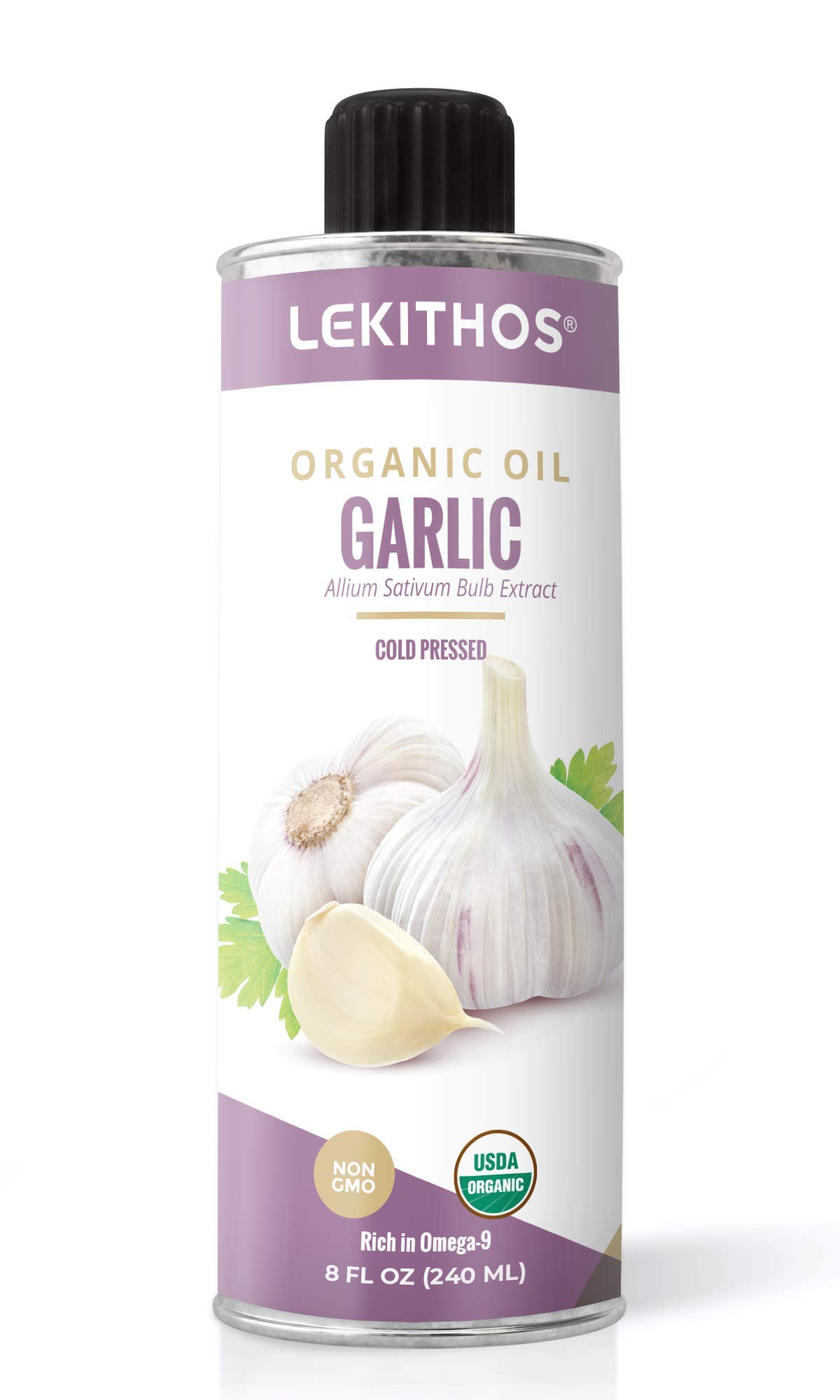 Lekithos Organic Garlic Oil - 8 fl. oz. - Olive Oil Infused with Garlic, Cold Pressed - Certified USDA Organic, Non-GMO