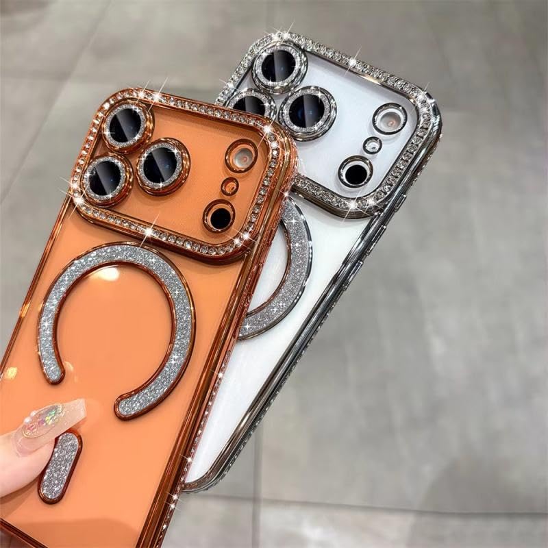 Image of DIZORO Compatible with (iPhone 17 Pro Max Case) Clear Luxury Diamond Glitter Case |Camera Lens Protector with Glitter Ring | Premium Shockproof Glossy Shiny Back Cover Case for Girls Women -Orange
