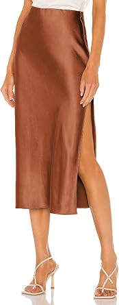 Womens Satin Silk High Waist Slit Midi Skirt Elastic Waistband Midi Skirts for Women
