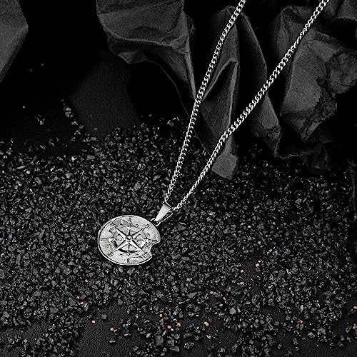 murtoo Compass Necklace for Men and Women, Gold Silver Vintage Stainless Steel Chains Necklace with Compass Pendant Unique Gifts for Men4