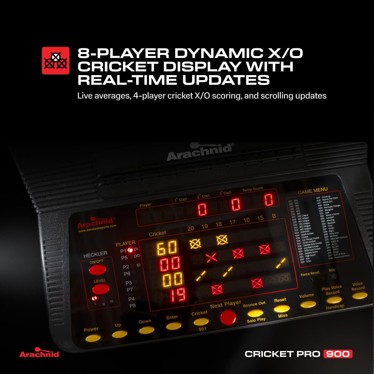 Cricket Pro 900 by Arachnid- Talking Electronic Dartboard, 15.5" Target Area, Up to 8 Player Score Display, Solo Play, MPR and PPD Scoring, 8 New Games, Includes Soft Tip Darts and Extra Tips