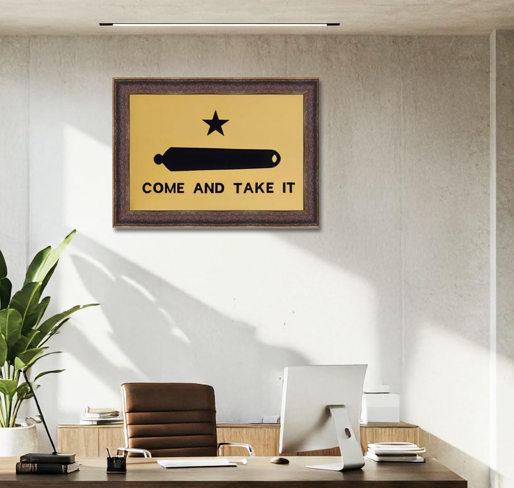 Framed Come and Take It flag | hand-stretched real cotton cloth embroidered flag | 31L X 43W inches