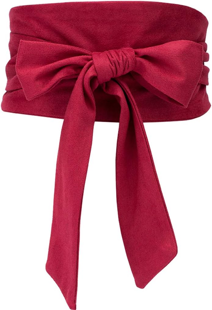 Women's Self Tie Wrap Around Obi Soft Wide Waist Band Cinch Boho Dress Belt (Red, Fit to waistline 26.7"- 35.4")