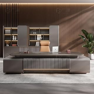 Gray 94" Executive Desk with File Cabinet, L Shaped Wood Computer Desk with File Drawers Study Writing Table Business Furniture Set for CEO Boss