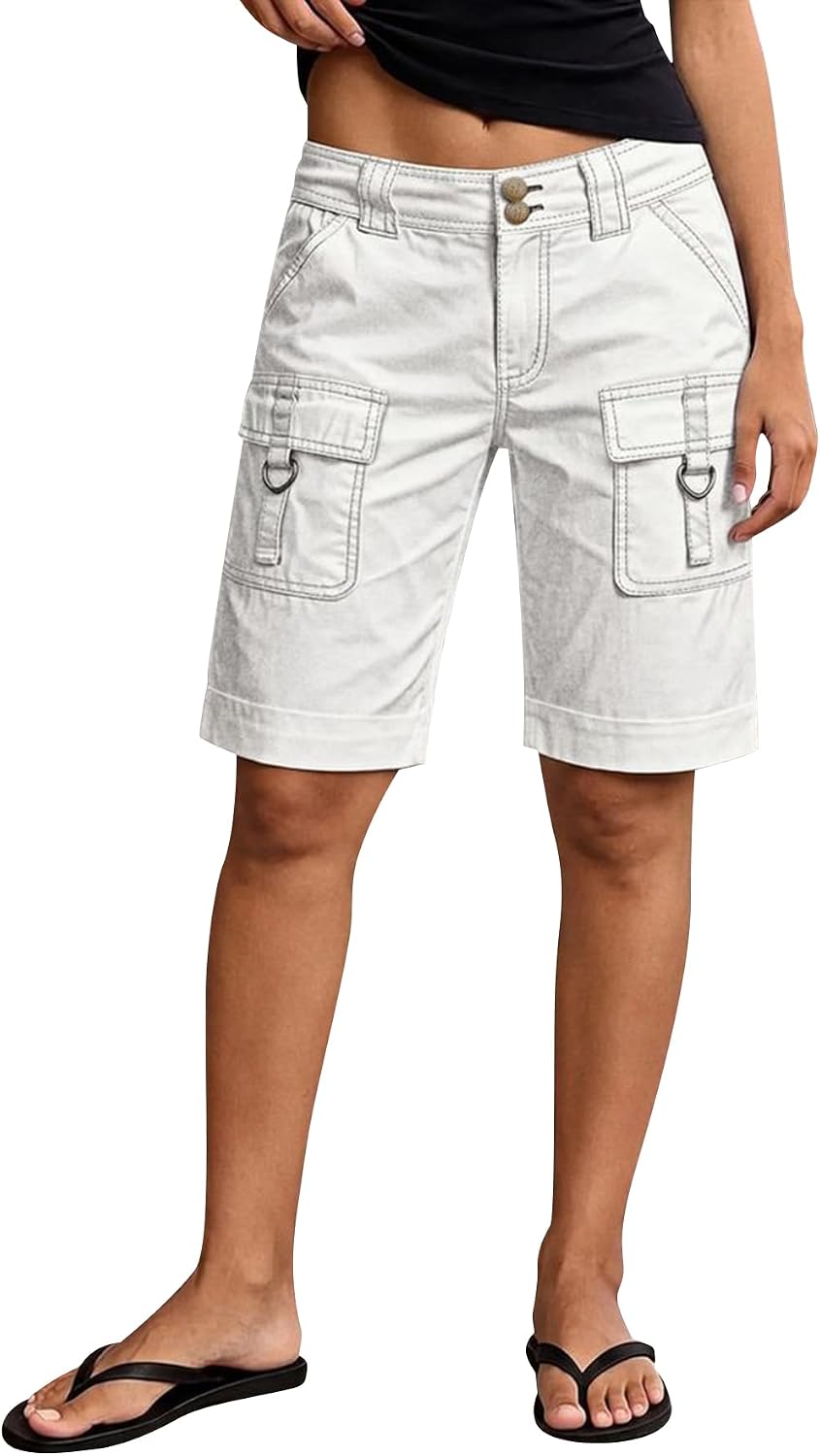 Flamingals Bermuda Shorts for Women Mid Waist Washed Dual Button Seam Detail Casual Denim Shorts with Flap Pocket