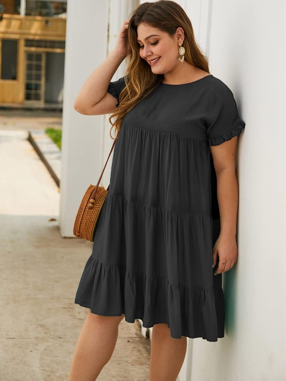 YOXUA Womens Plus Size Dress - Ruffle Short Sleeve Crewneck Color Block Loose Summer Beach Swing Dresses XL-4XL - Image 5
