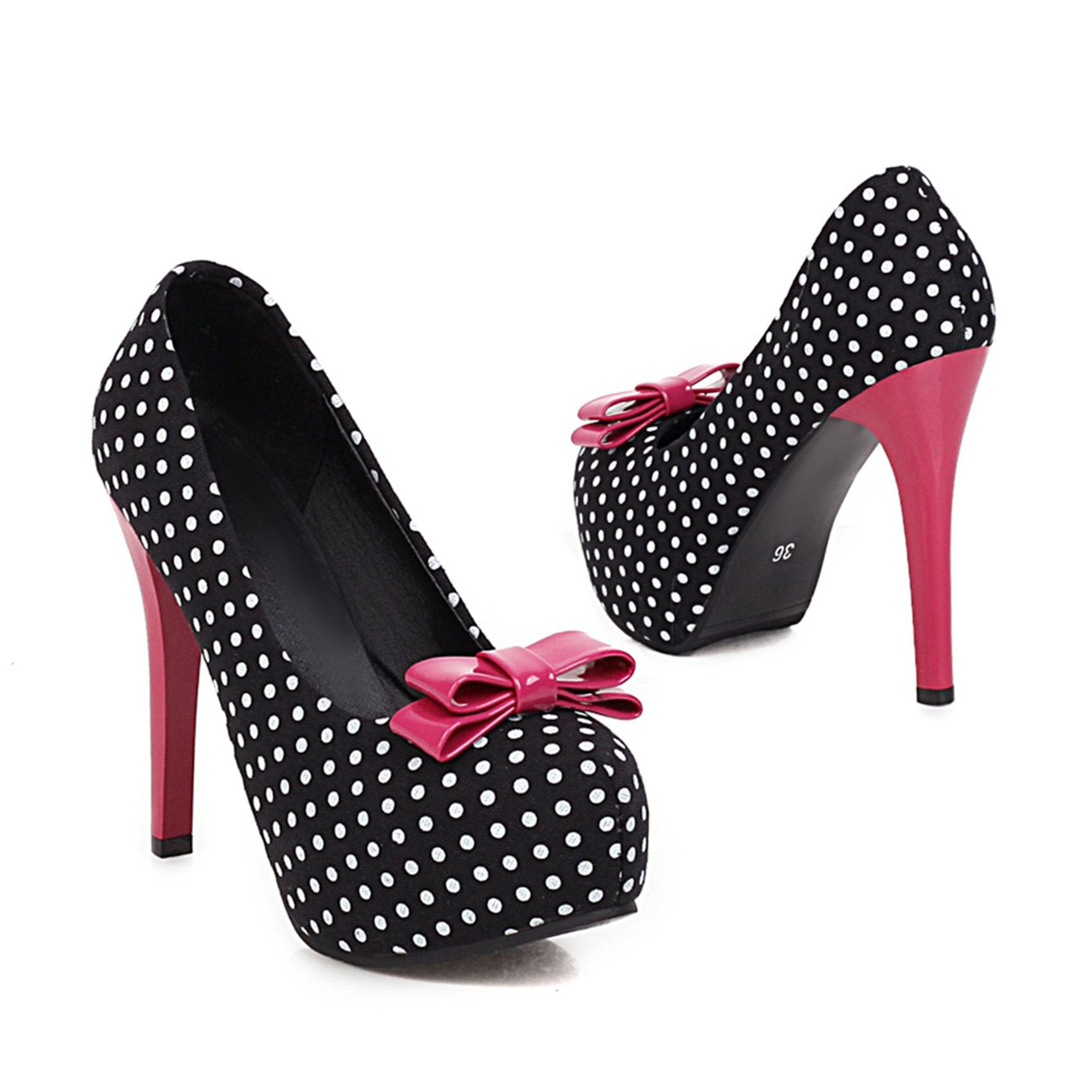 KOKOMOMO Womens Polka Dot High Heels Round Toe Platform Stiletto Pumps with Bows: 10 Black