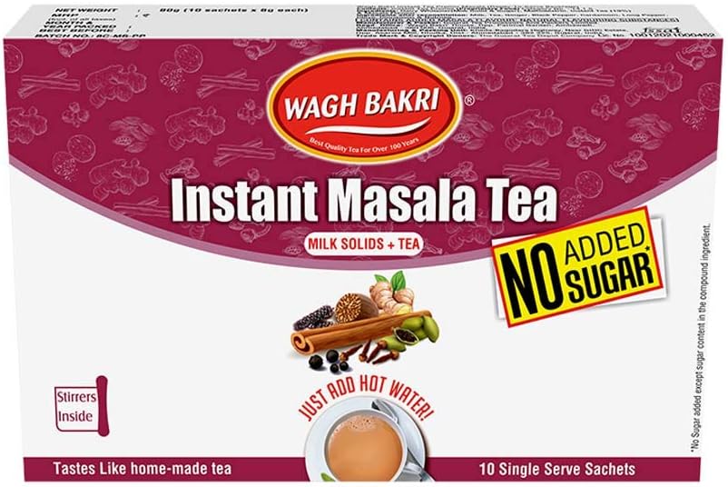 Wagh Bakri Masala Instant Tea Premix - No Added Sugar - 10 Sachets, 80 g (Pack of 2)