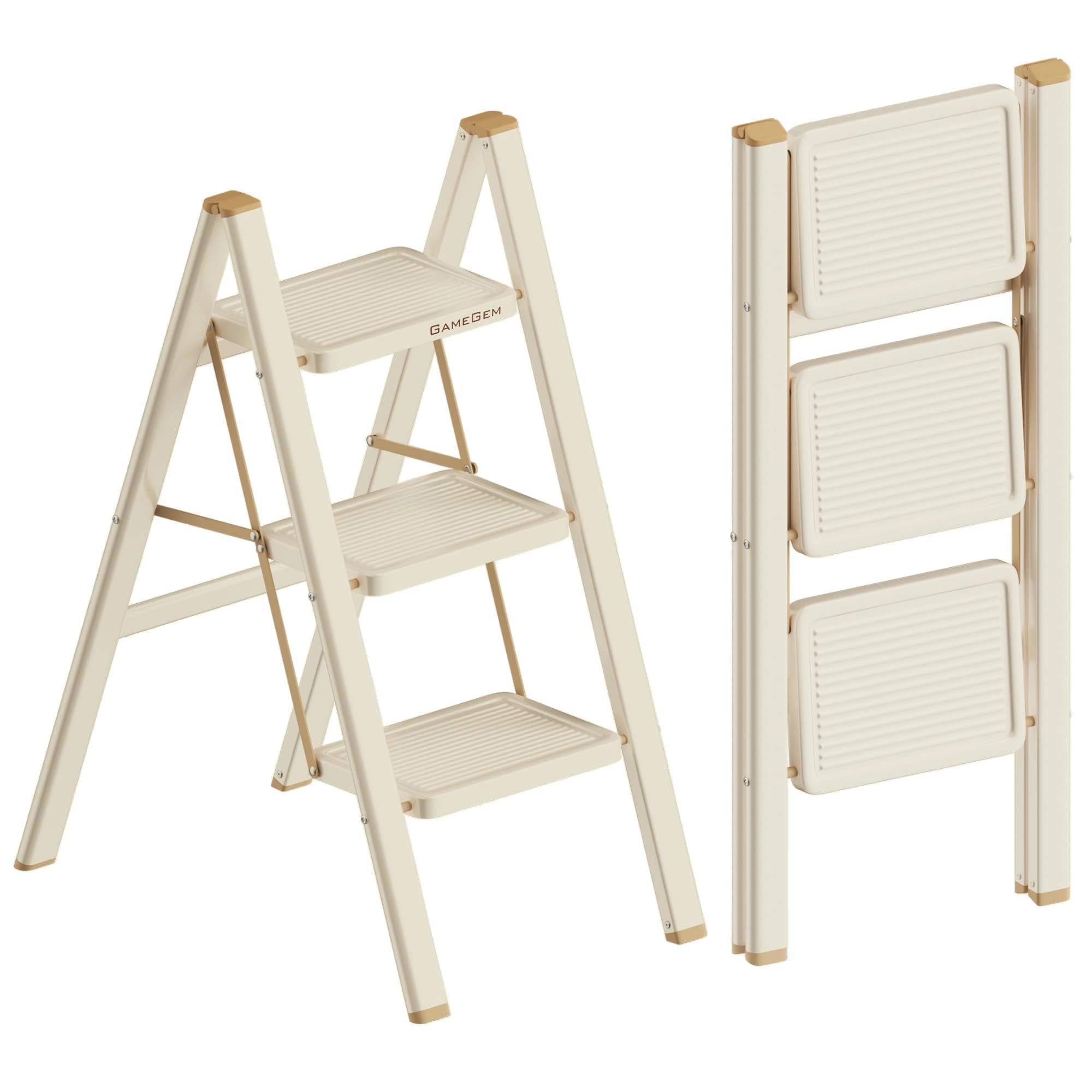 3 Step Ladder, Foldable 3 Step Stool, Cream Chocolate