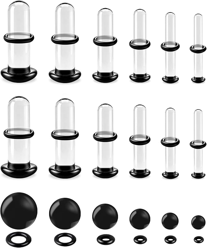 Kit WINSENET com 12 plugs de vidro para alargador de orelha, 1,6 mm a 4 mm, com anéis de borracha