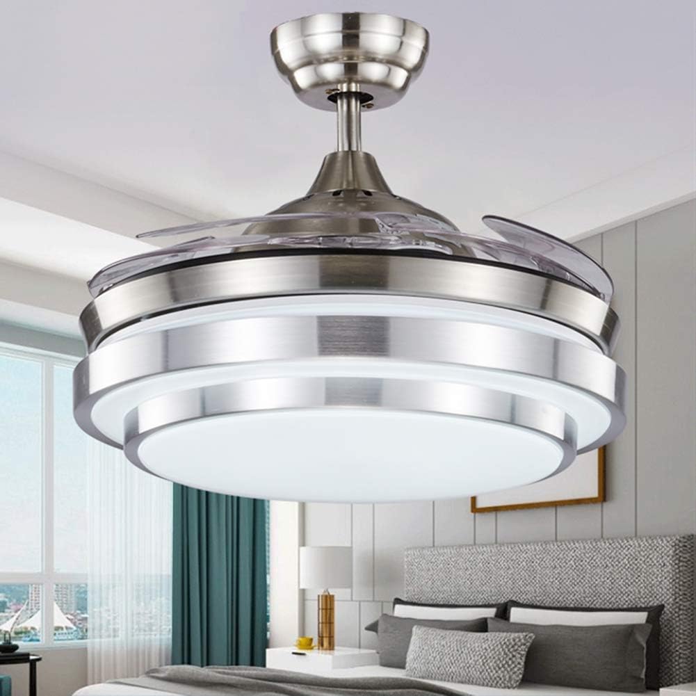 Fandian 36Inch Modern Ceiling Fans with Light Remote Control Retractable Blades Fandeliers for Living Room Bedroom Restaurant, Silver Color with Silent Motor (36In-2)