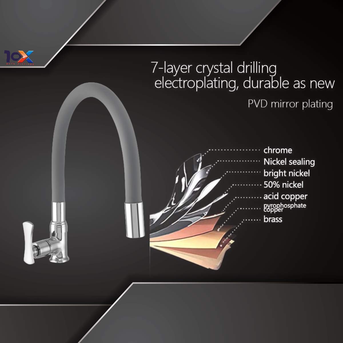 10X Chrome Swan Neck Bathroom Tap - Grey -5